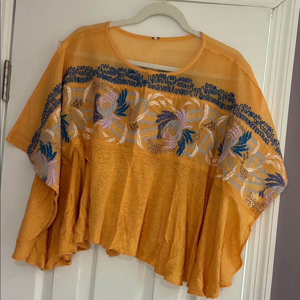 Free People Orange Embroidered Blouse